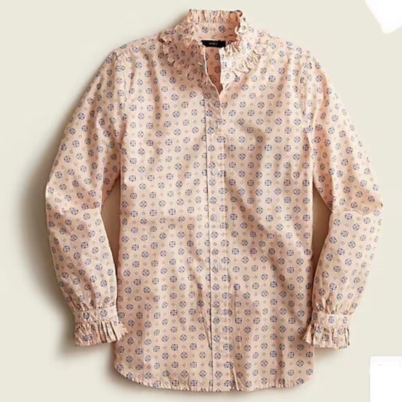 J Crew Classic Fit Ruffle Neck Button Shirt Medallion Print Pink Blue Size 2 - Picture 1 of 7